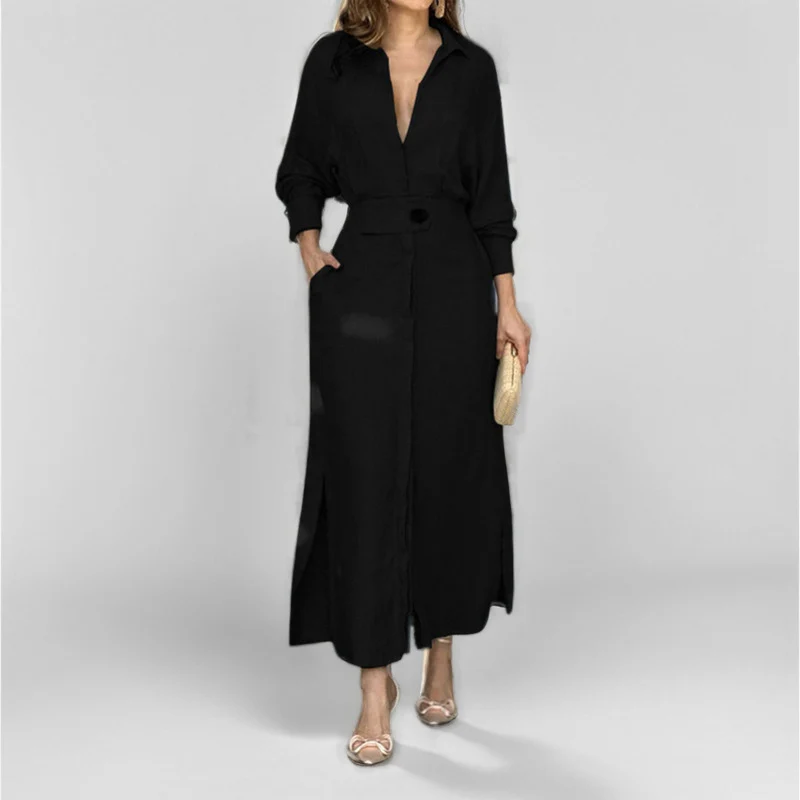 Damen Leinen-Maxikleid mit Hemdkragen, Taillengürtel und seitlichen Beinschlitzen Drune