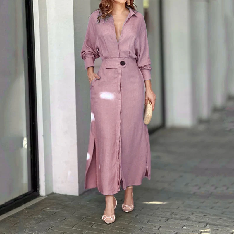 Damen Leinen-Maxikleid mit Hemdkragen, Taillengürtel und seitlichen Beinschlitzen Drune