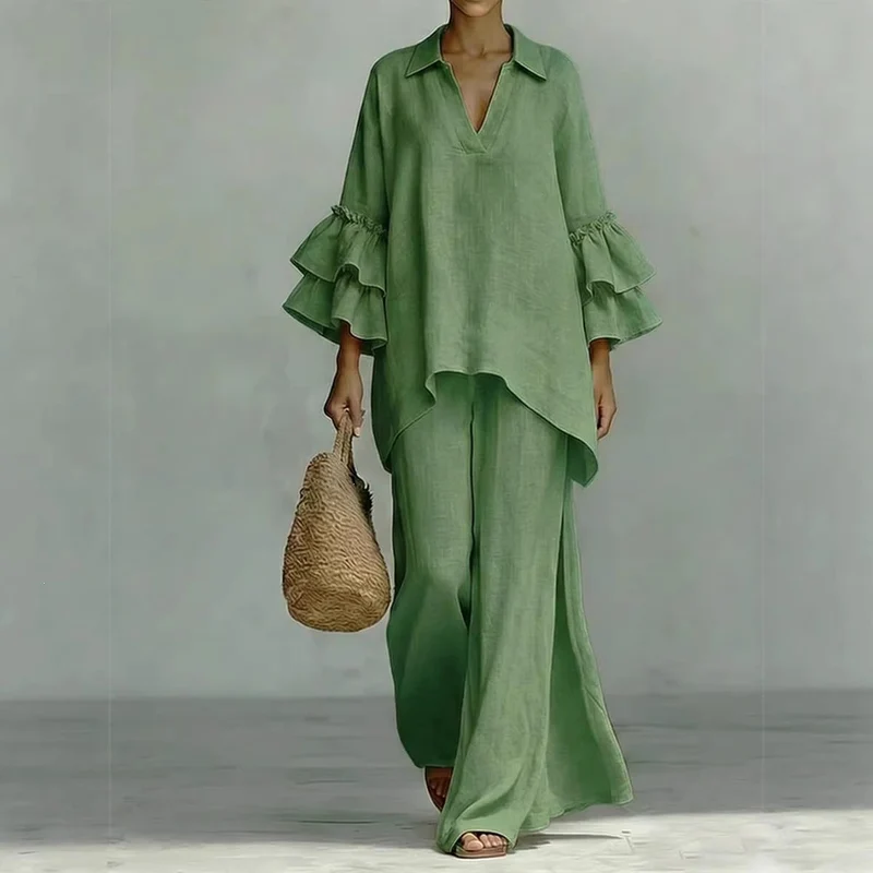 Damen Leinen-Loungewear-Set mit Volantärmeln und weitem Palazzo-Hose Drune