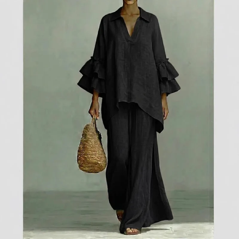Damen Leinen-Loungewear-Set mit Volantärmeln und weitem Palazzo-Hose Drune