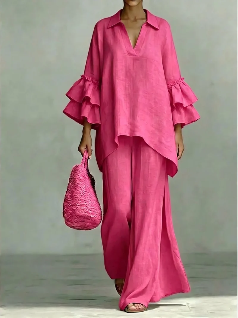 Damen Leinen-Loungewear-Set mit Volantärmeln und weitem Palazzo-Hose Drune