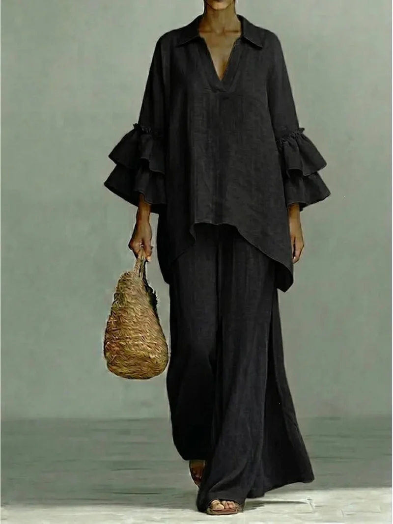 Damen Leinen-Loungewear-Set mit Volantärmeln und weitem Palazzo-Hose Drune
