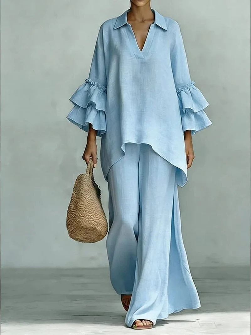 Damen Leinen-Loungewear-Set mit Volantärmeln und weitem Palazzo-Hose Drune