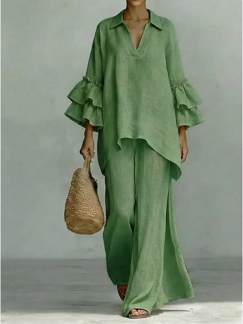 Damen Leinen-Loungewear-Set mit Volantärmeln und weitem Palazzo-Hose Drune