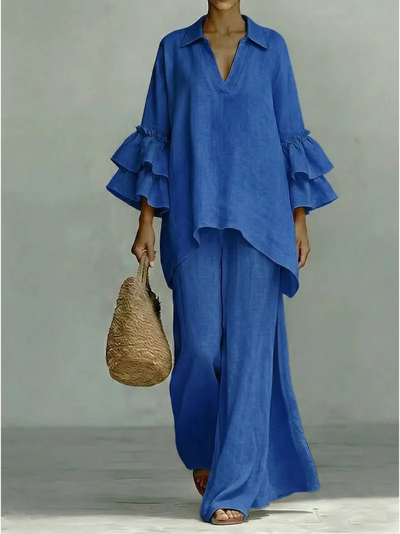 Damen Leinen-Loungewear-Set mit Volantärmeln und weitem Palazzo-Hose Drune