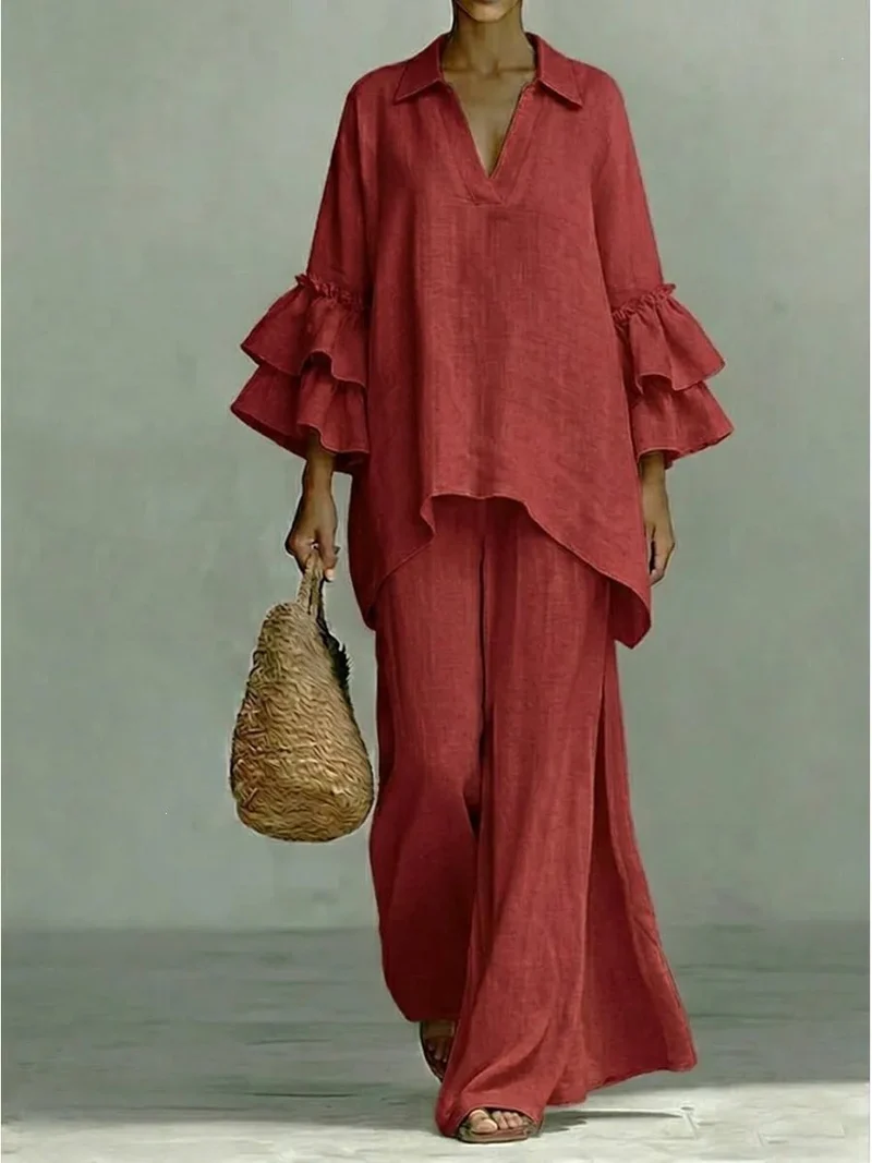 Damen Leinen-Loungewear-Set mit Volantärmeln und weitem Palazzo-Hose Drune
