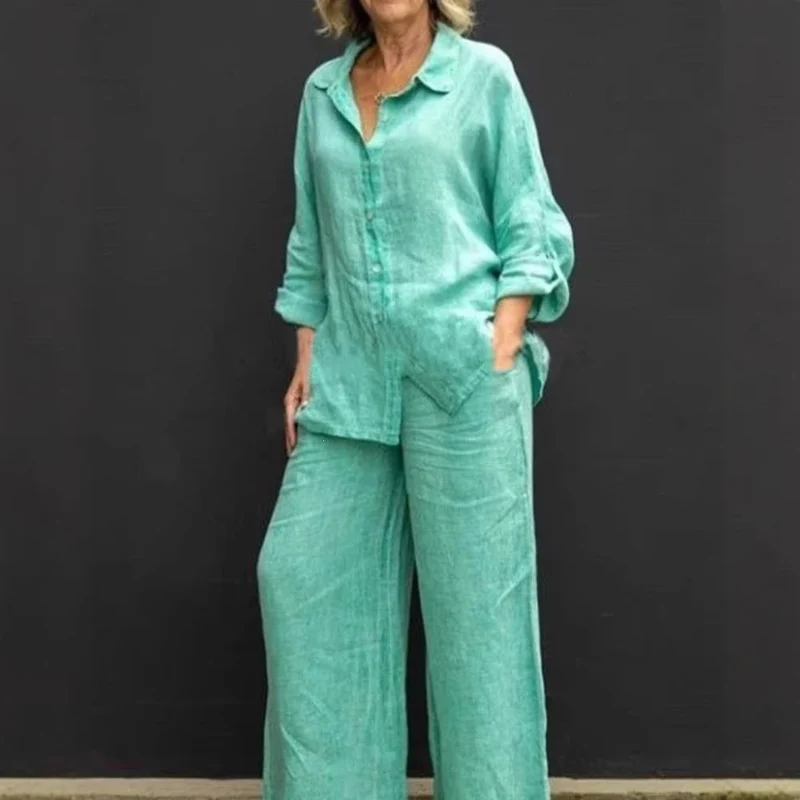 Damen Leichtes Leinen-Loungewear-Set mit Oversized-Hemd und weiter Palazzo-Hose Drune