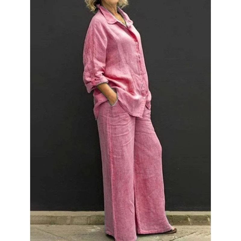 Damen Leichtes Leinen-Loungewear-Set mit Oversized-Hemd und weiter Palazzo-Hose Drune