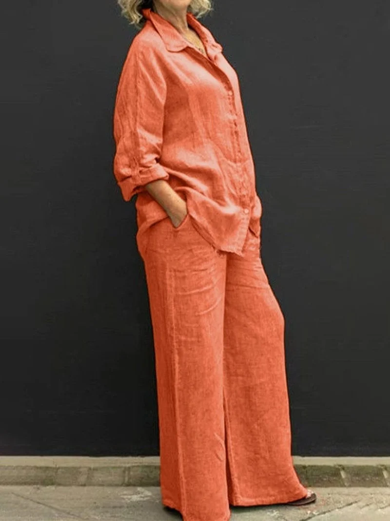 Damen Leichtes Leinen-Loungewear-Set mit Oversized-Hemd und weiter Palazzo-Hose Drune