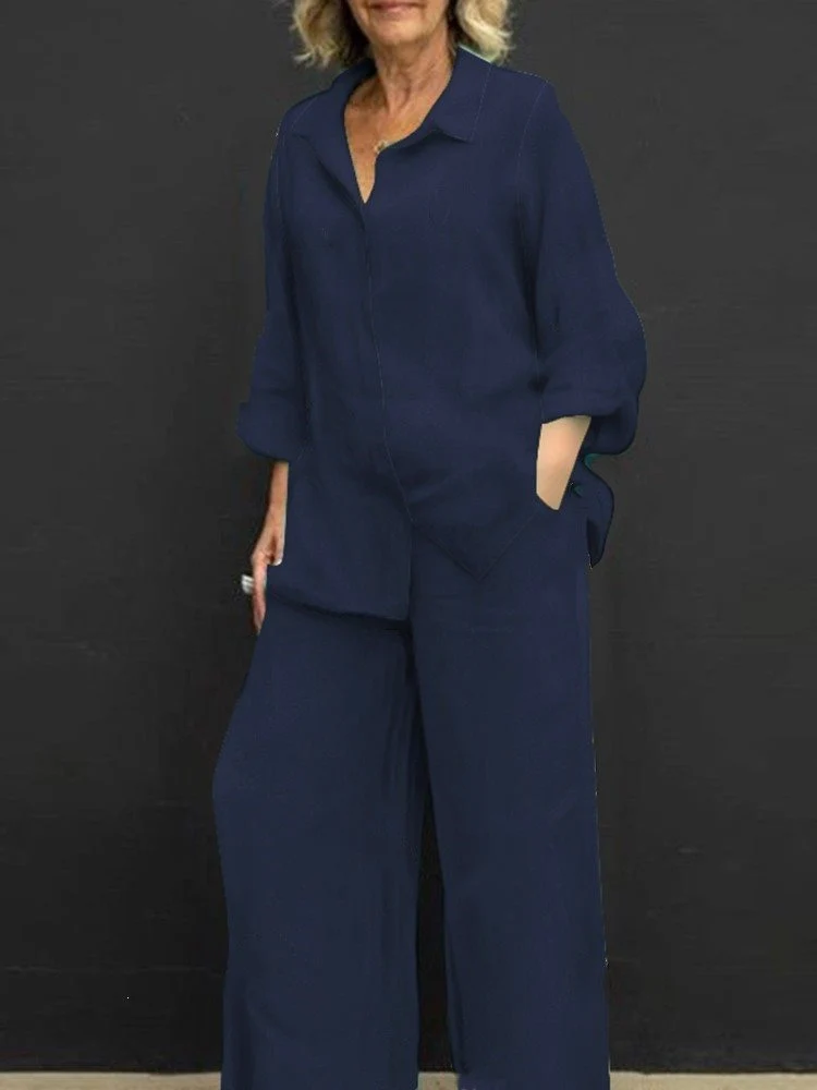 Damen Leichtes Leinen-Loungewear-Set mit Oversized-Hemd und weiter Palazzo-Hose Drune