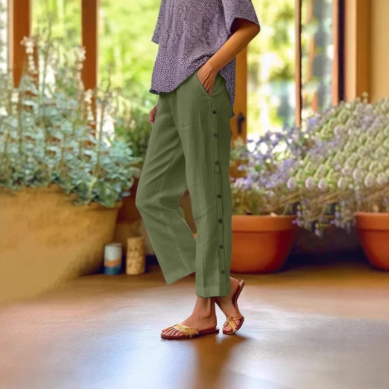 Damen Leichte Leinenmix-Hose mit seitlicher Knopfleiste und geradem Cropped-Schnitt Drune