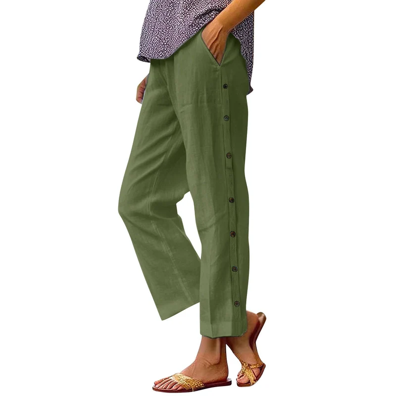 Damen Leichte Leinenmix-Hose mit seitlicher Knopfleiste und geradem Cropped-Schnitt Drune