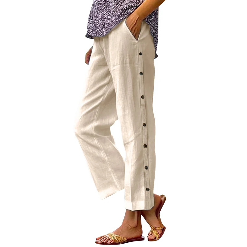 Damen Leichte Leinenmix-Hose mit seitlicher Knopfleiste und geradem Cropped-Schnitt Drune