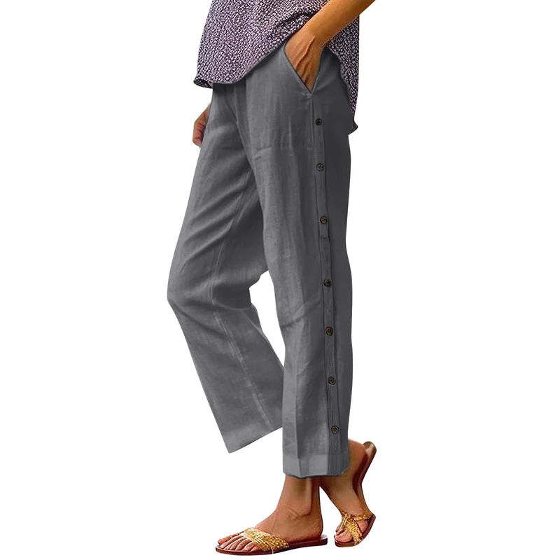 Damen Leichte Leinenmix-Hose mit seitlicher Knopfleiste und geradem Cropped-Schnitt Drune