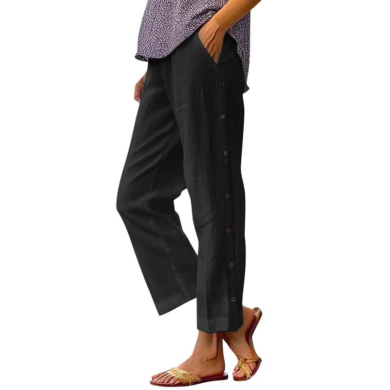 Damen Leichte Leinenmix-Hose mit seitlicher Knopfleiste und geradem Cropped-Schnitt Drune