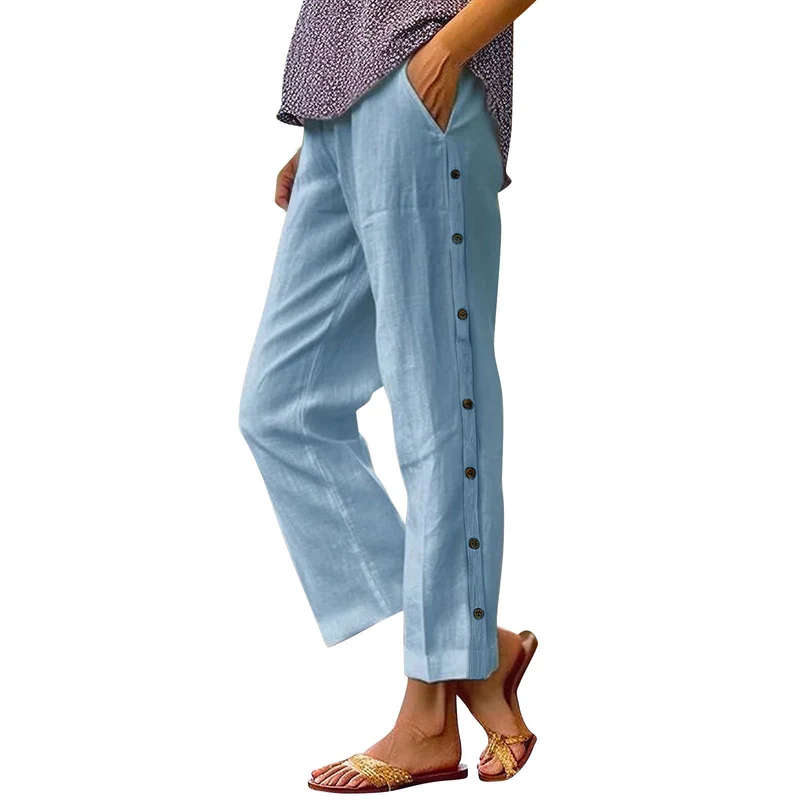 Damen Leichte Leinenmix-Hose mit seitlicher Knopfleiste und geradem Cropped-Schnitt Drune