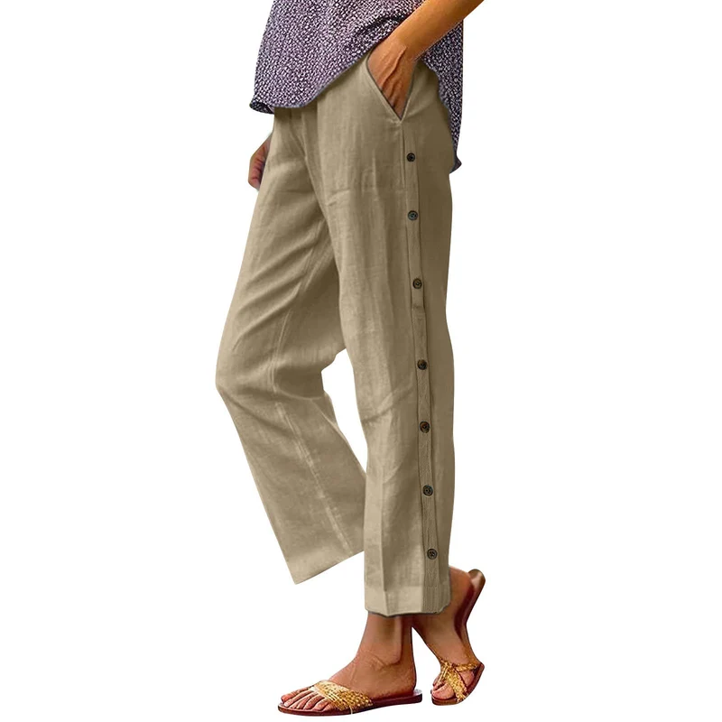 Damen Leichte Leinenmix-Hose mit seitlicher Knopfleiste und geradem Cropped-Schnitt Drune