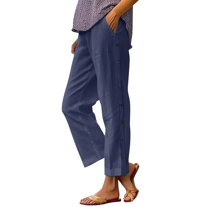 Damen Leichte Leinenmix-Hose mit seitlicher Knopfleiste und geradem Cropped-Schnitt Drune