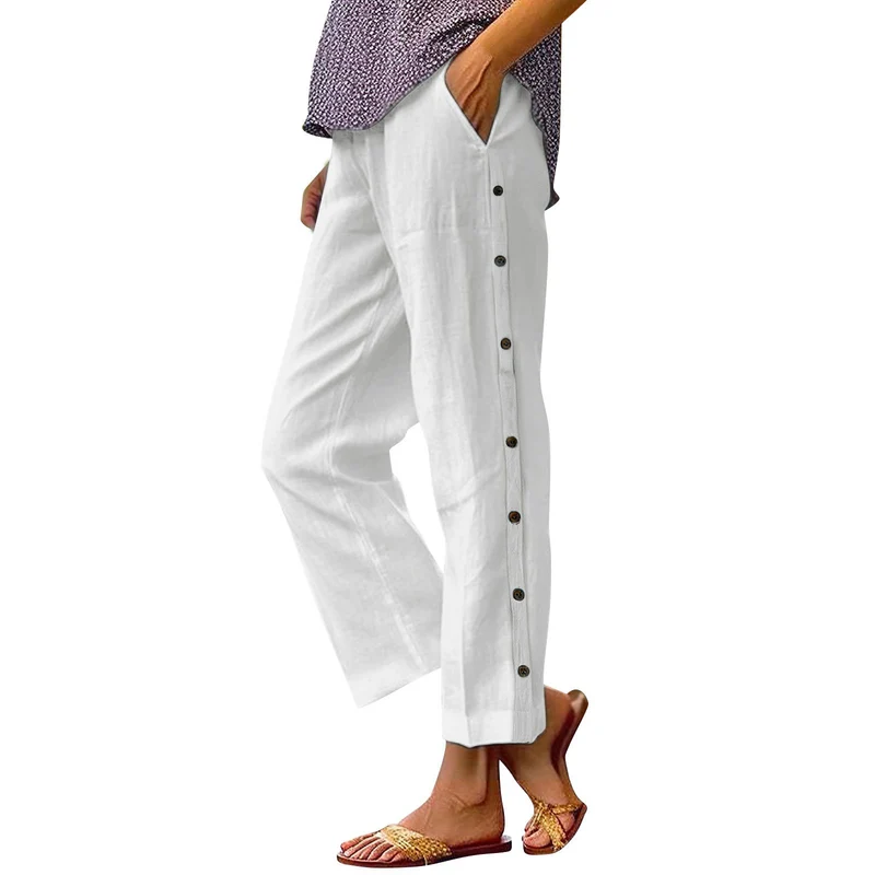 Damen Leichte Leinenmix-Hose mit seitlicher Knopfleiste und geradem Cropped-Schnitt Drune