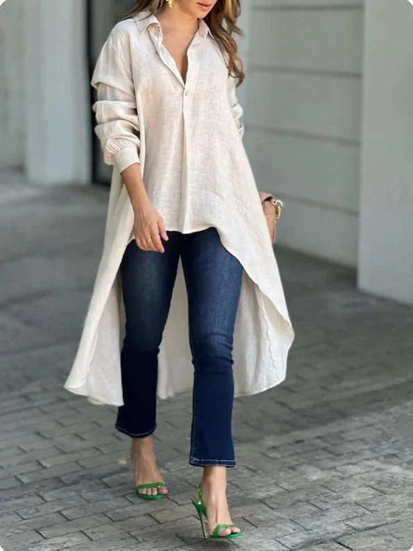 Damen Leichte Leinen‑Tunika‑Bluse mit asymmetrischem High‑Low‑Schwanz und Hemdkragen Drune