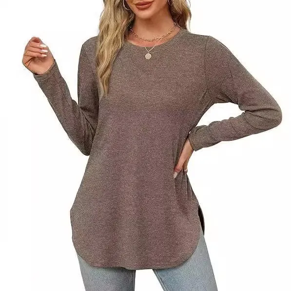 Damen Lässiges Longsleeve-Tunikaoberteil mit Rundhalsausschnitt, Seitenschlitzen und Aquarell-Blattprint Drune