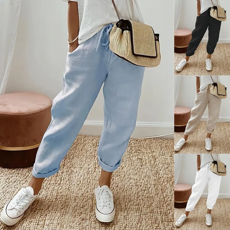 Damen Lässige Leinen-Joggerhose mit hohem Bund, Tunnelzug und gekrempeltem Saum Drune