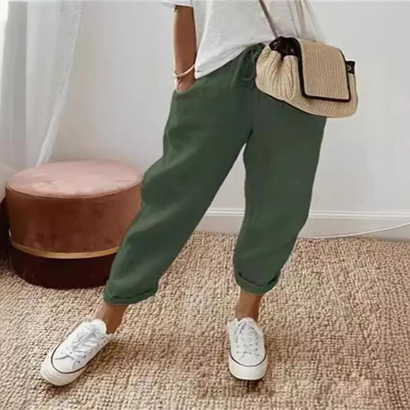 Damen Lässige Leinen-Joggerhose mit hohem Bund, Tunnelzug und gekrempeltem Saum Drune