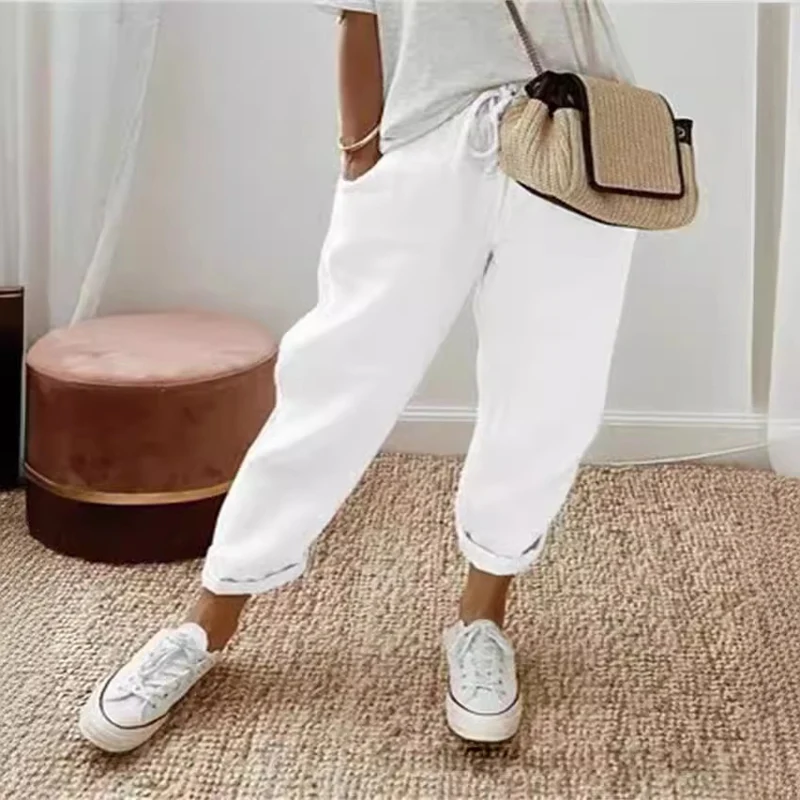 Damen Lässige Leinen-Joggerhose mit hohem Bund, Tunnelzug und gekrempeltem Saum Drune