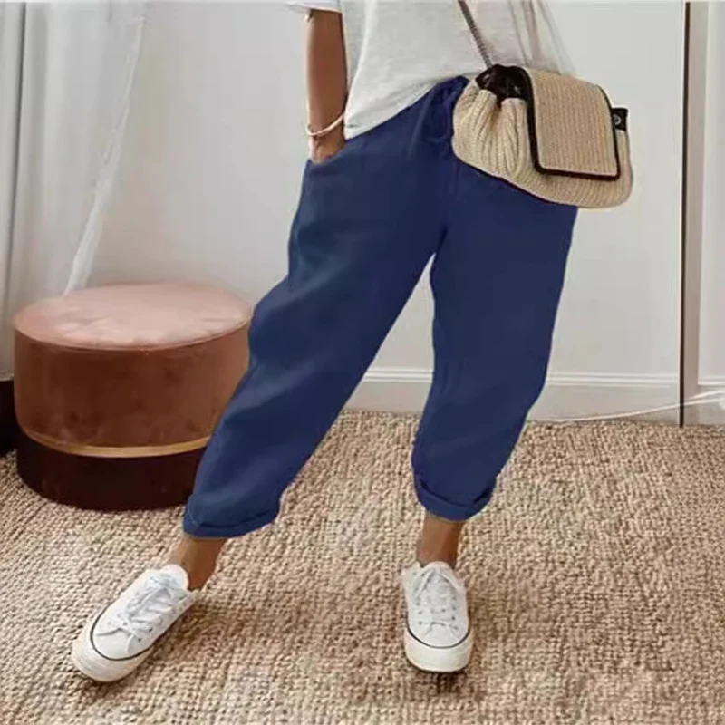 Damen Lässige Leinen-Joggerhose mit hohem Bund, Tunnelzug und gekrempeltem Saum Drune