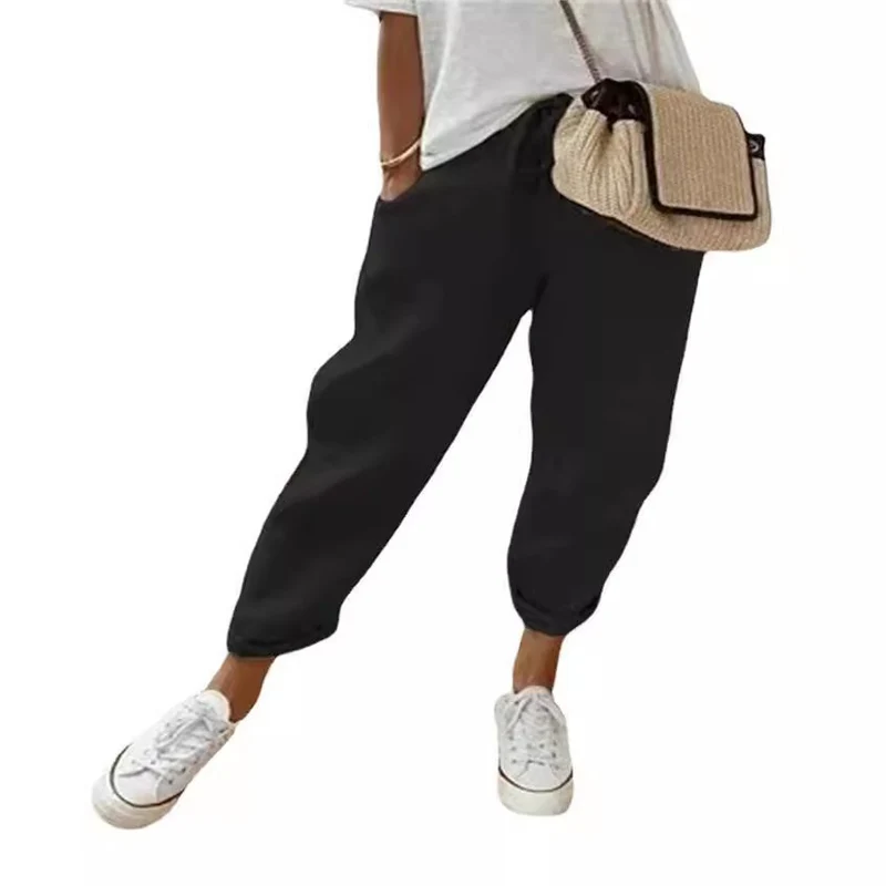 Damen Lässige Leinen-Joggerhose mit hohem Bund, Tunnelzug und gekrempeltem Saum Drune