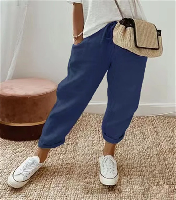 Damen Lässige Leinen-Joggerhose mit hohem Bund, Tunnelzug und gekrempeltem Saum Drune