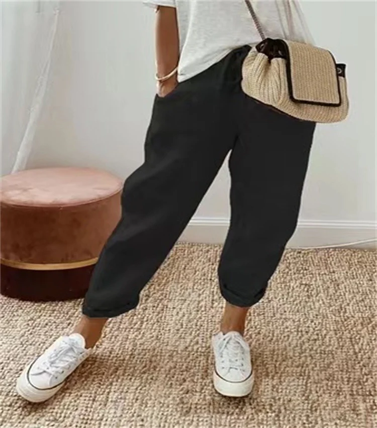 Damen Lässige Leinen-Joggerhose mit hohem Bund, Tunnelzug und gekrempeltem Saum Drune