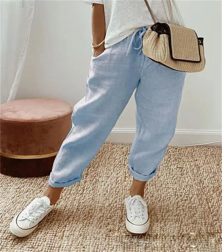 Damen Lässige Leinen-Joggerhose mit hohem Bund, Tunnelzug und gekrempeltem Saum Drune