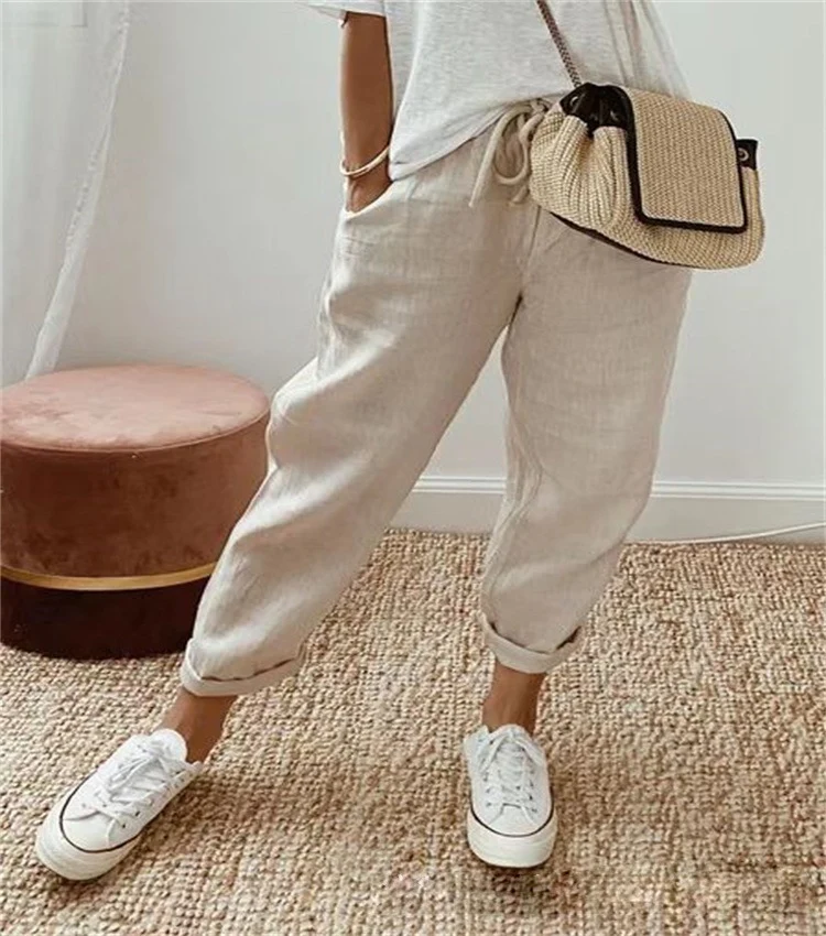 Damen Lässige Leinen-Joggerhose mit hohem Bund, Tunnelzug und gekrempeltem Saum Drune