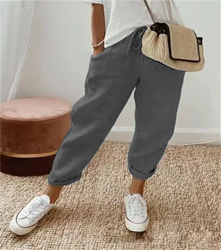 Damen Lässige Leinen-Joggerhose mit hohem Bund, Tunnelzug und gekrempeltem Saum Drune