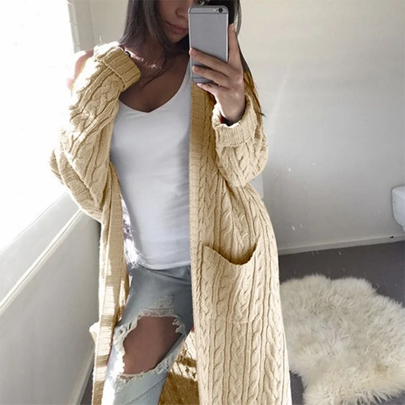 Damen Langer Oversize Zopfmuster-Strickcardigan mit Eingrifftaschen Drune