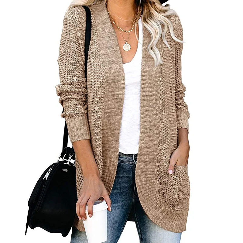 Damen Langer Offener Strickcardigan mit Taschen, Rippbündchen und strukturierter Waffeloptik Drune