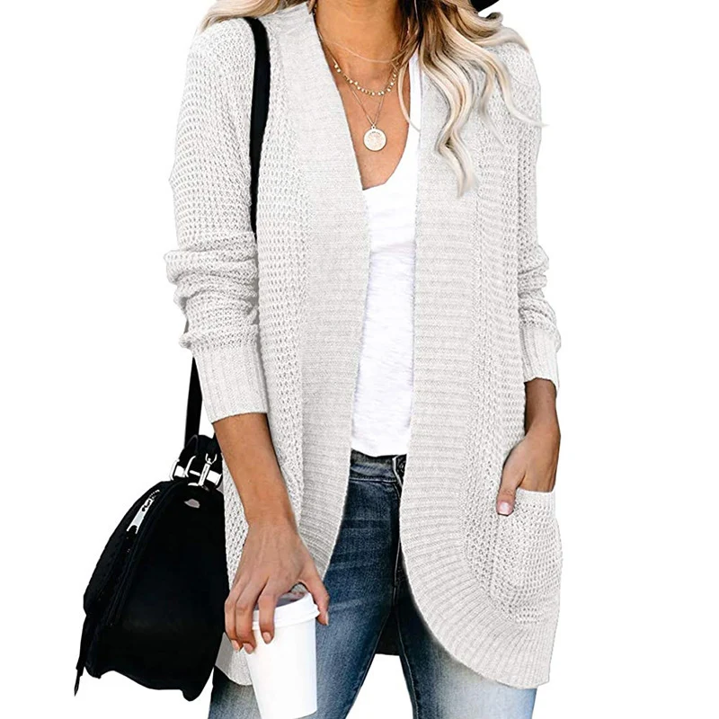 Damen Langer Offener Strickcardigan mit Taschen, Rippbündchen und strukturierter Waffeloptik Drune