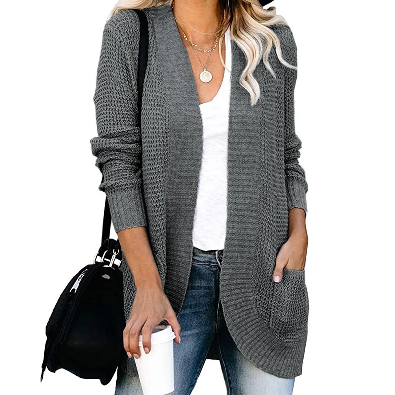 Damen Langer Offener Strickcardigan mit Taschen, Rippbündchen und strukturierter Waffeloptik Drune