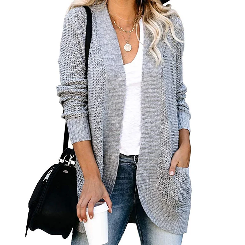 Damen Langer Offener Strickcardigan mit Taschen, Rippbündchen und strukturierter Waffeloptik Drune