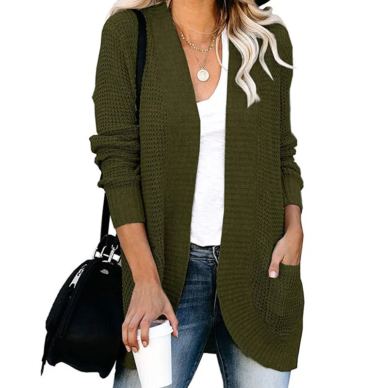 Damen Langer Offener Strickcardigan mit Taschen, Rippbündchen und strukturierter Waffeloptik Drune