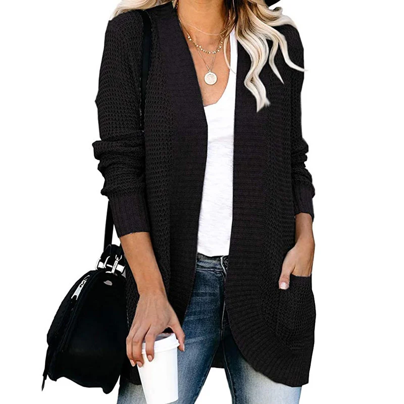 Damen Langer Offener Strickcardigan mit Taschen, Rippbündchen und strukturierter Waffeloptik Drune