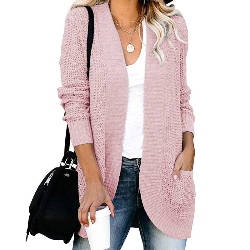 Damen Langer Offener Strickcardigan mit Taschen, Rippbündchen und strukturierter Waffeloptik Drune