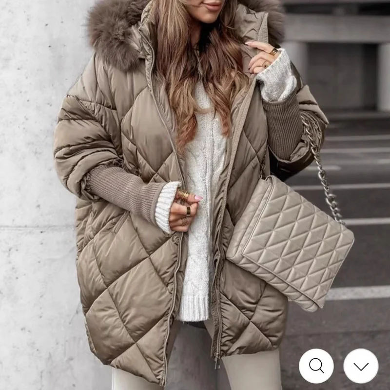 Damen langer gesteppter Winterparka mit großer Kapuze und Kunstfellbesatz Drune