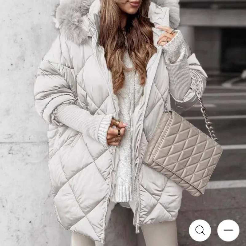 Damen langer gesteppter Winterparka mit großer Kapuze und Kunstfellbesatz Drune