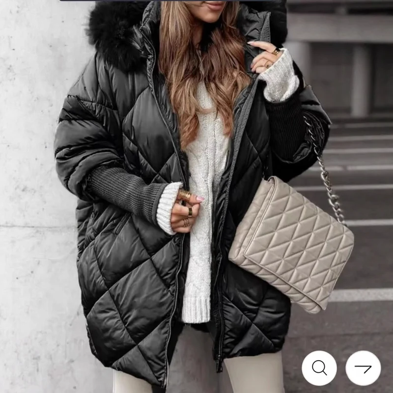 Damen langer gesteppter Winterparka mit großer Kapuze und Kunstfellbesatz Drune