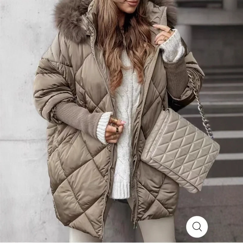 Damen langer gesteppter Winterparka mit großer Kapuze und Kunstfellbesatz Drune