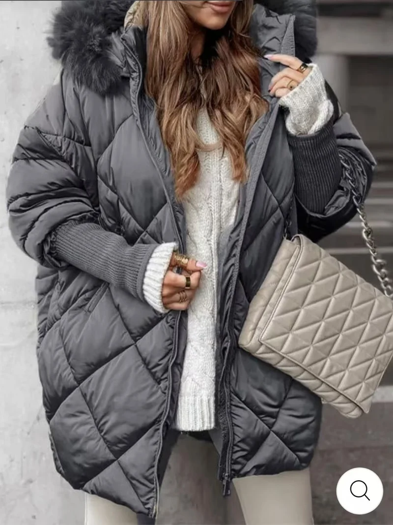 Damen langer gesteppter Winterparka mit großer Kapuze und Kunstfellbesatz Drune