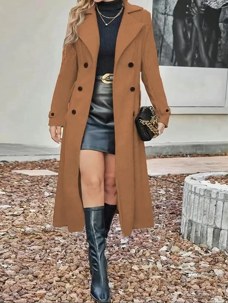 Damen Langer Doppelreihiger Wollmix-Mantel mit tailliertem Schnitt Drune
