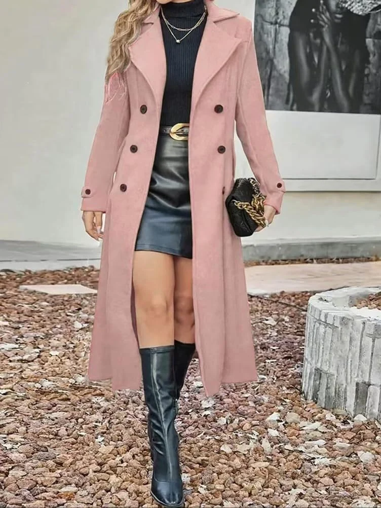 Damen Langer Doppelreihiger Wollmix-Mantel mit tailliertem Schnitt Drune